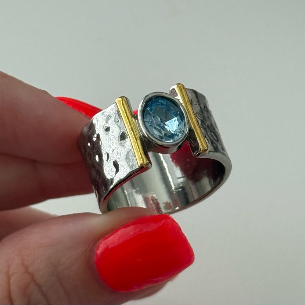 Silver and Gold Ring with Blue Gemstone